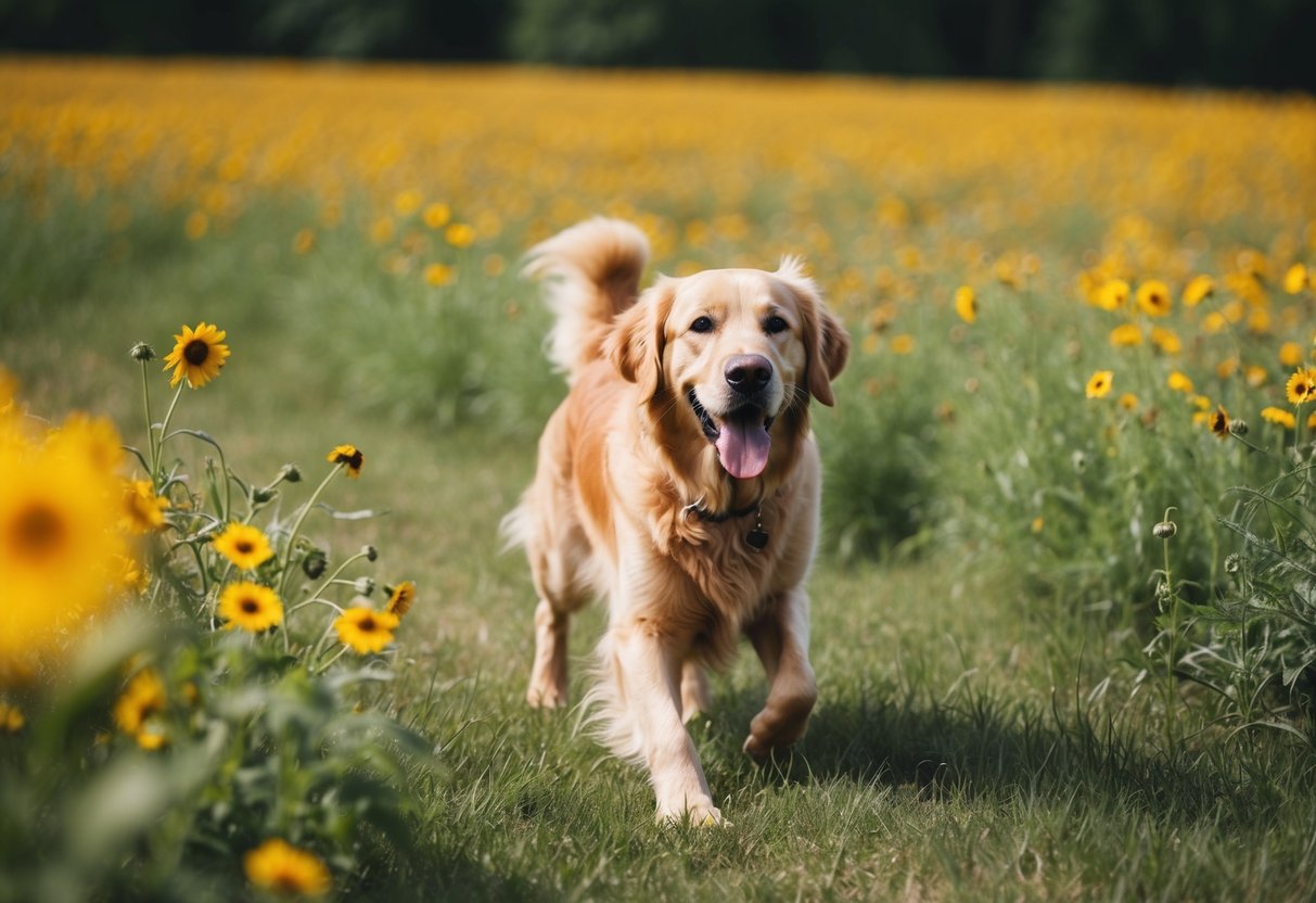 A golden retriever playing in a field of wildflowers