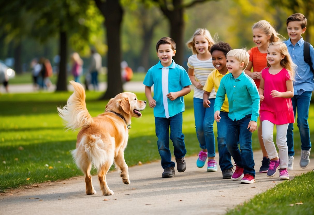 A golden retriever wagging its tail and eagerly approaching a group of smiling children in a park