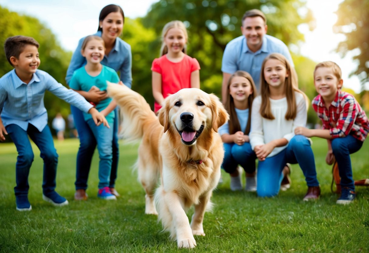 A golden retriever wagging its tail, surrounded by smiling children and adults in a park setting