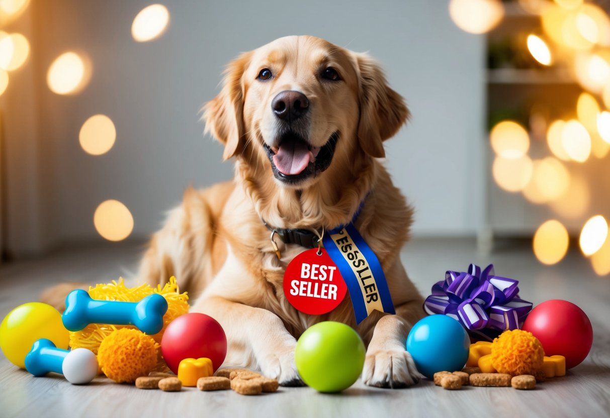 A happy golden retriever surrounded by dog toys and treats, with a "best seller" ribbon on its collar