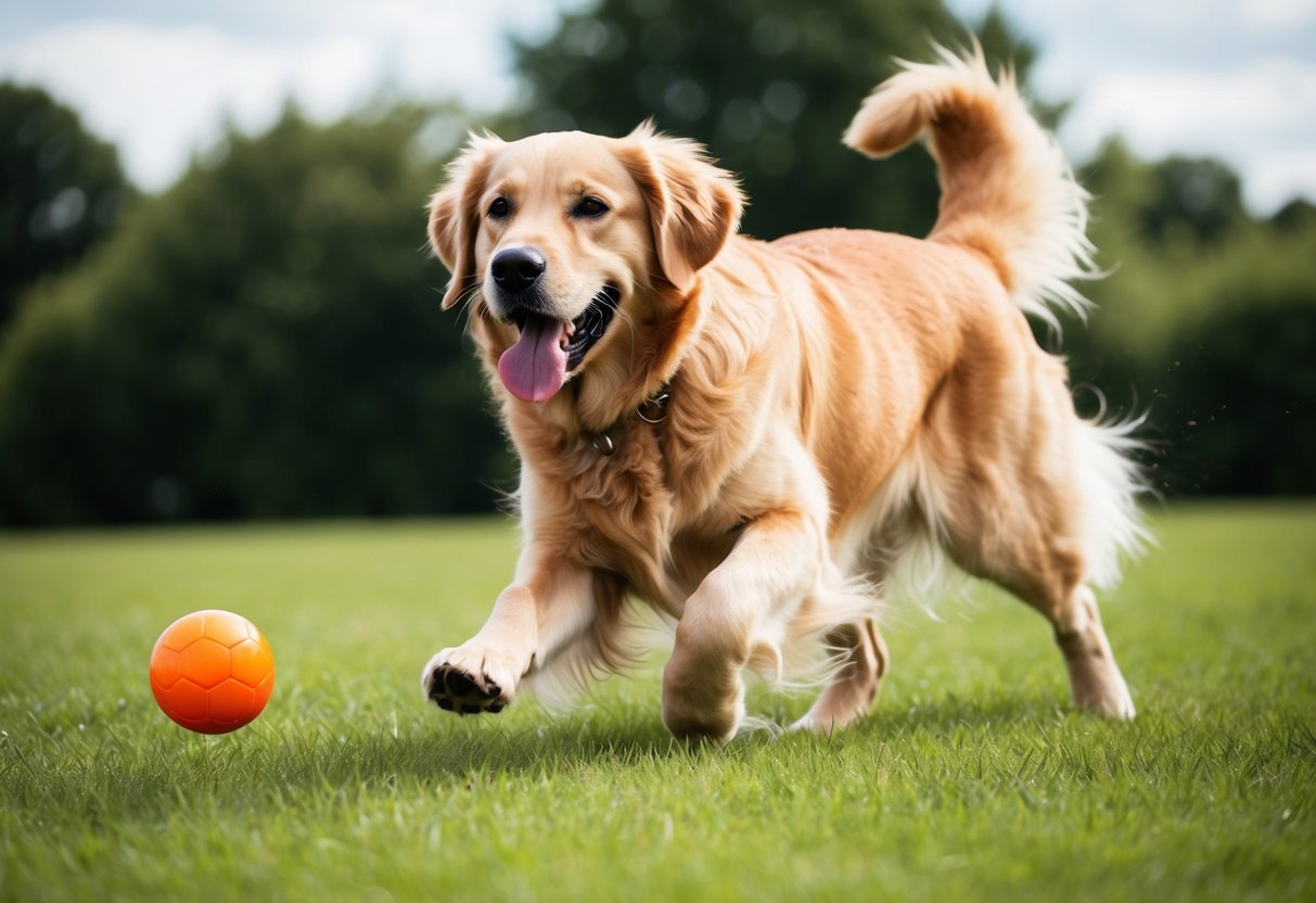 A golden retriever playing fetch in a grassy field, tongue out and tail wagging