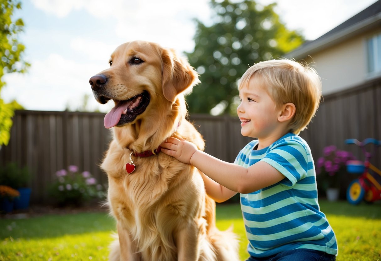 A Golden Retriever wagging its tail while being affectionately petted by a smiling child in a sunny backyard