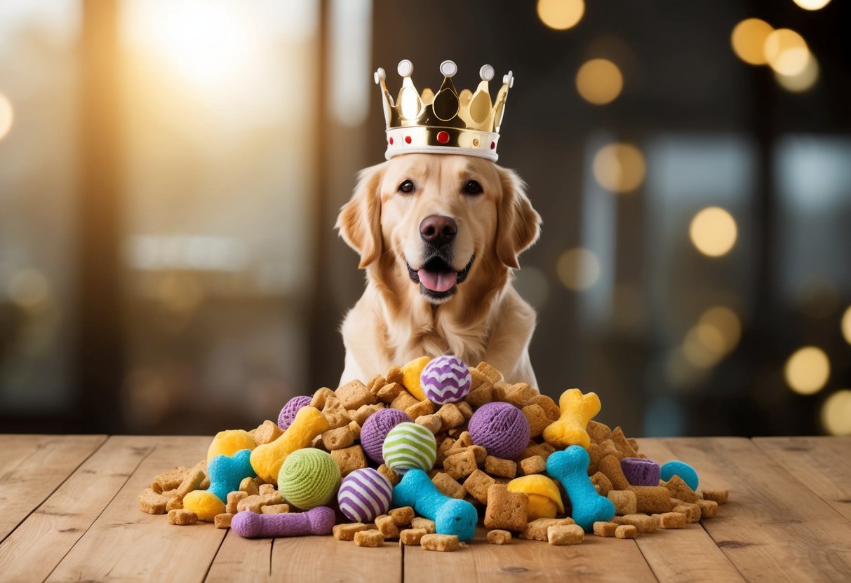 A golden retriever proudly wearing a crown surrounded by a pile of best-selling dog toys and treats