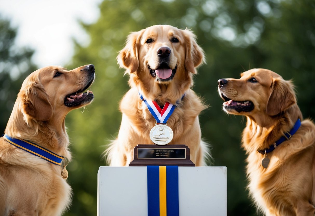 A golden retriever stands proudly atop a pedestal, adorned with a shiny medal, while other dogs look up at it in admiration
