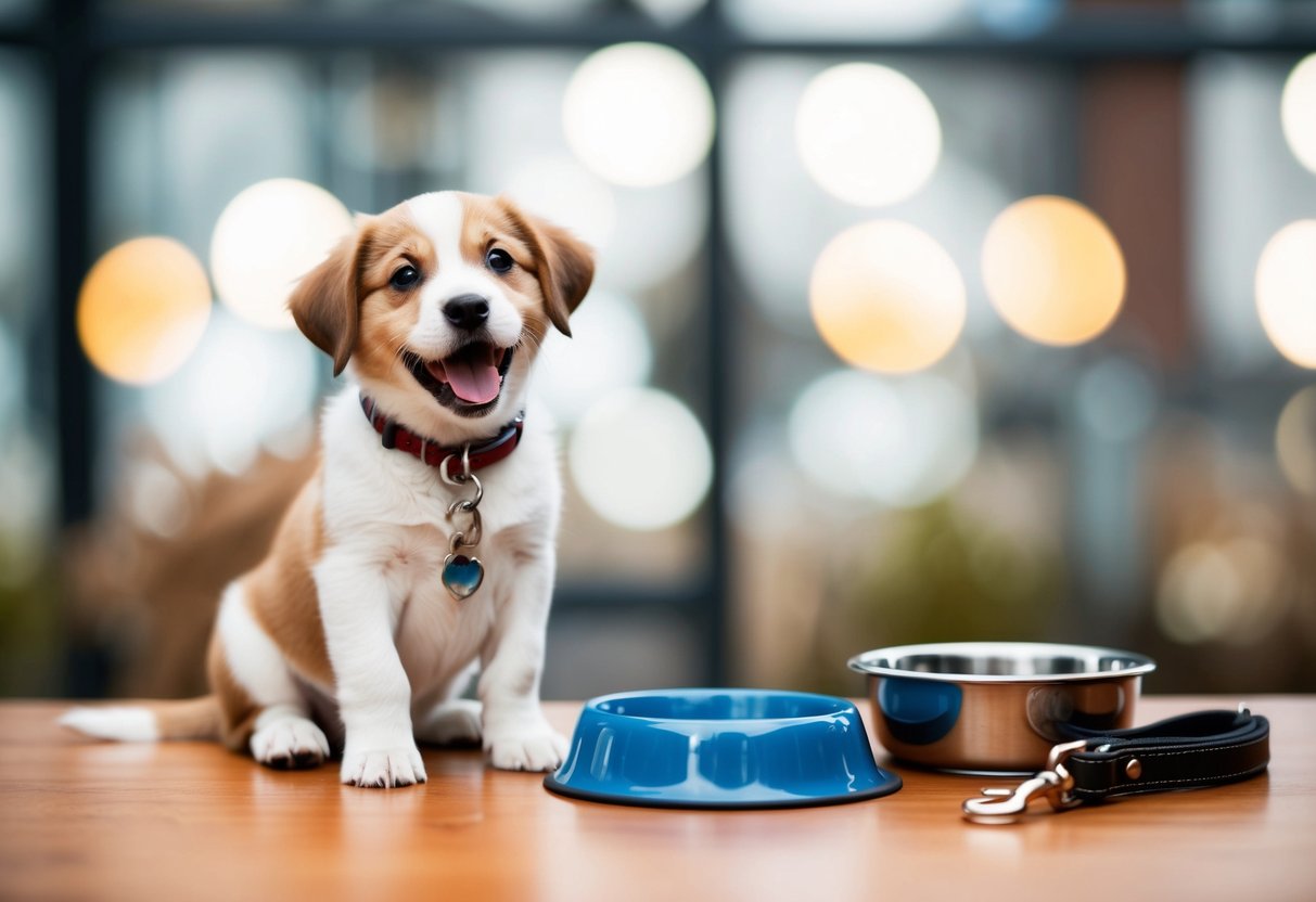 A joyful puppy wagging its tail, sitting next to a food bowl and water dish, with a leash and collar nearby