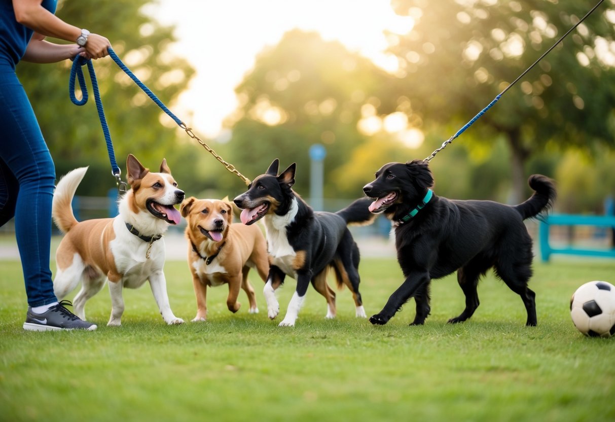 A group of dogs of various breeds participating in a training and socialization session at a dog park