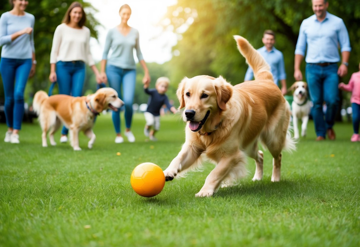 A golden retriever playing fetch in a grassy park, surrounded by families and other dogs