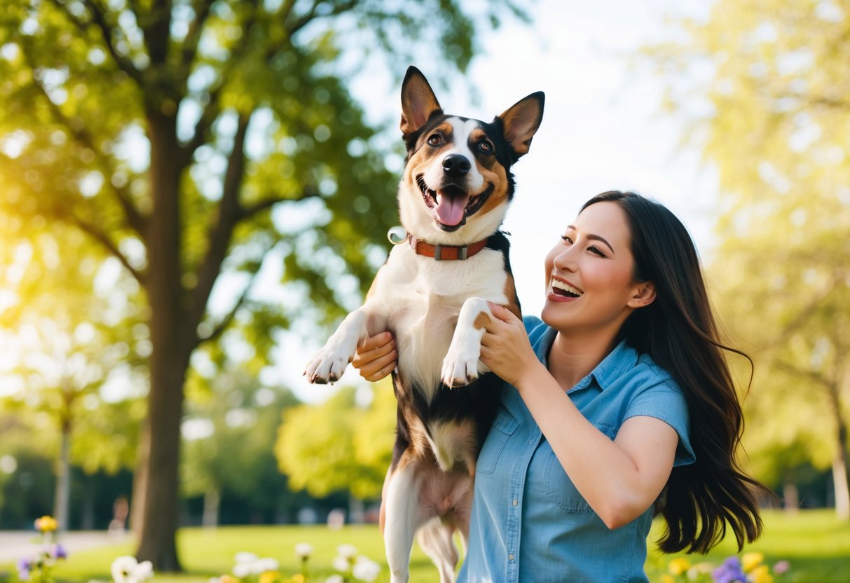 A joyful dog jumping into the arms of its owner, both with big smiles, surrounded by a sunny park with trees and flowers