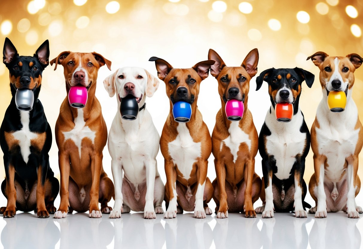 A group of diverse dogs stand in a line, each holding a different product in their mouths. The top-selling item is displayed prominently in the center
