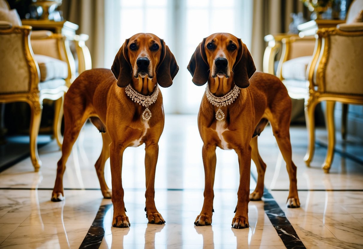 Two elegant Afghan Hounds stand on a marble floor, adorned with jewel-encrusted collars and surrounded by opulent furnishings