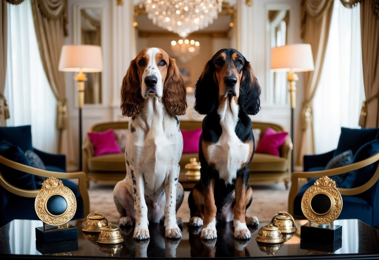 Two elegant Afghan Hounds stand in a luxurious living room, adorned with opulent decor and surrounded by expensive dog accessories