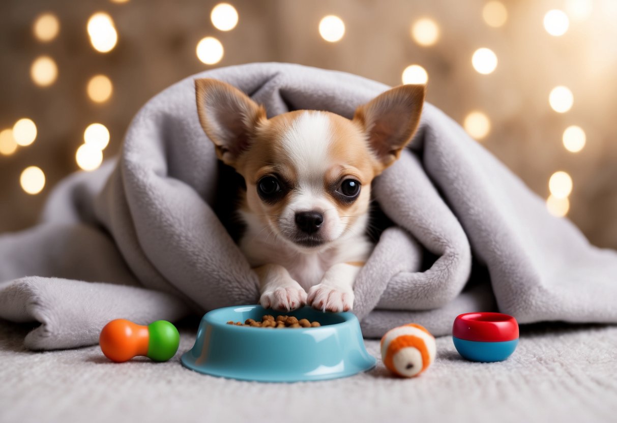 A Chihuahua puppy being cradled in a soft blanket, surrounded by small toys and a tiny food bowl