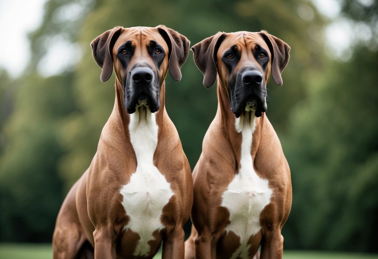 Two elegant and regal Great Danes stand side by side, their sleek and muscular frames exuding an air of nobility. Their deep, expressive eyes and glossy coats command attention, showcasing their status as one of the most expensive dog breeds