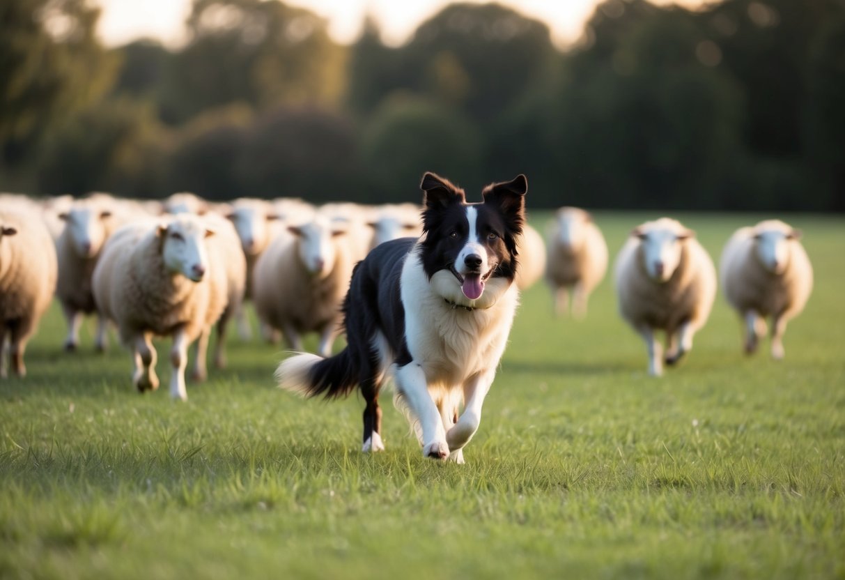 A border collie herding sheep in a field