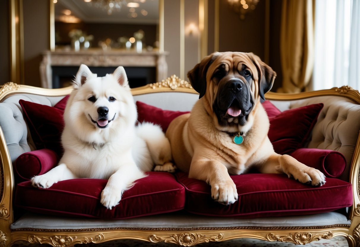 Two luxurious, purebred dogs, a Samoyed and a Tibetan Mastiff, lounging on velvet cushions in an opulent living room