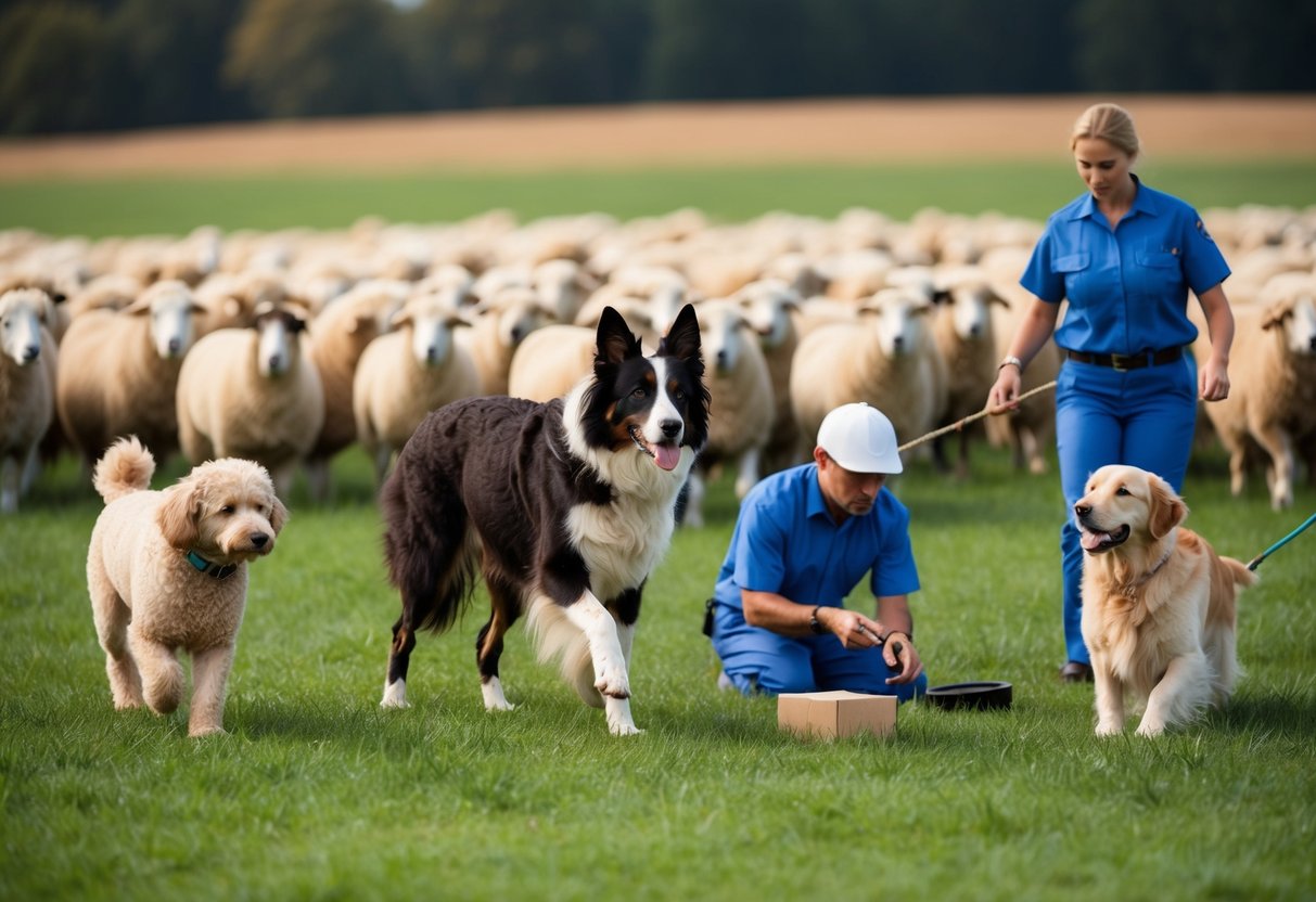 A border collie herding sheep in a field, while a poodle solves a puzzle, a German shepherd assists a blind person, and a golden retriever retrieves objects