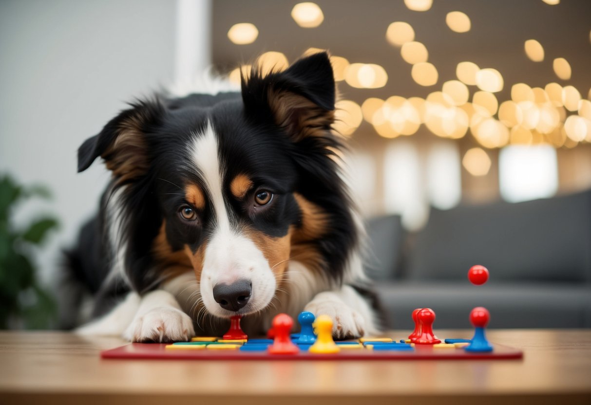 A border collie solving a complex puzzle with focused determination