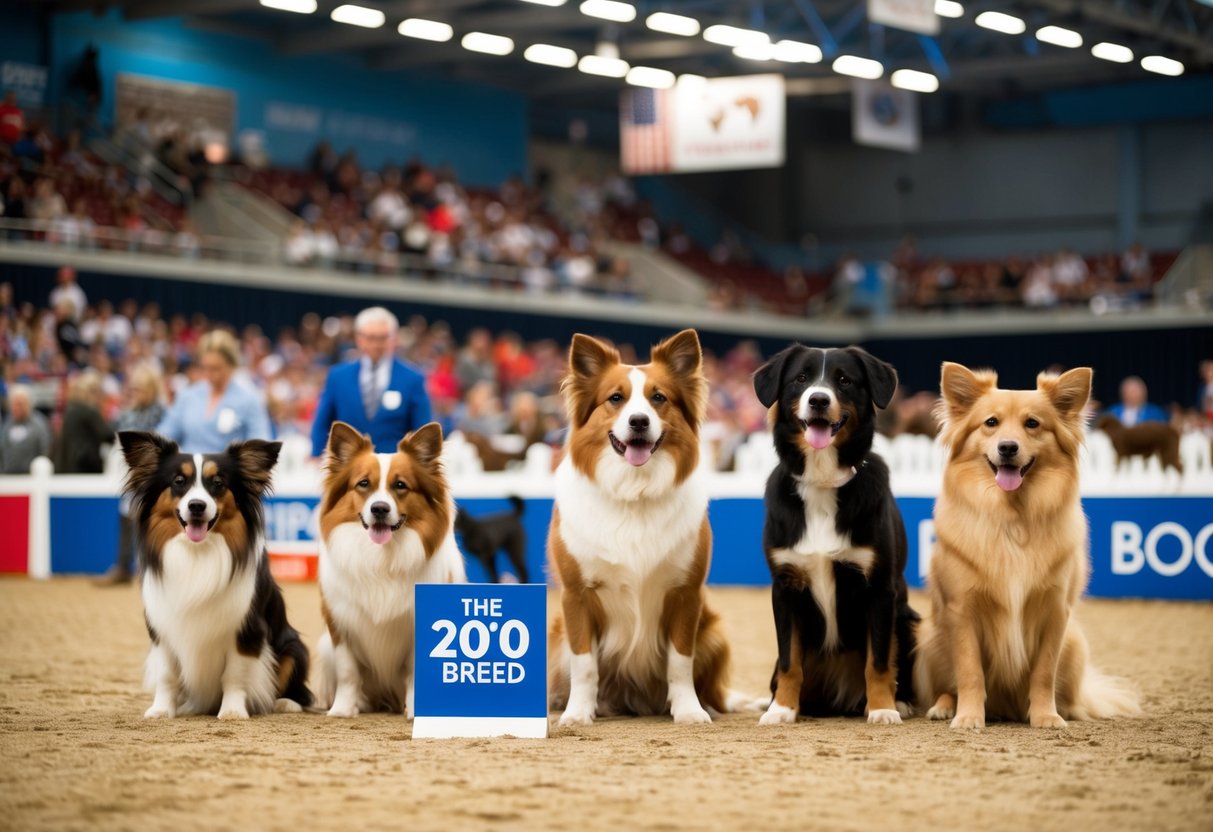 A dog show with various breeds, including the 200th breed, in a large, bustling arena