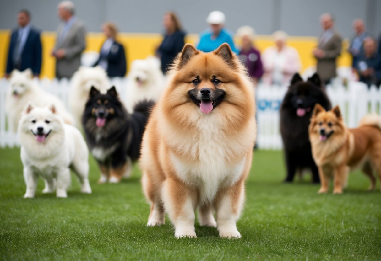A fluffy Keeshond dog standing proudly at a dog show, surrounded by other breeds in the Working Group