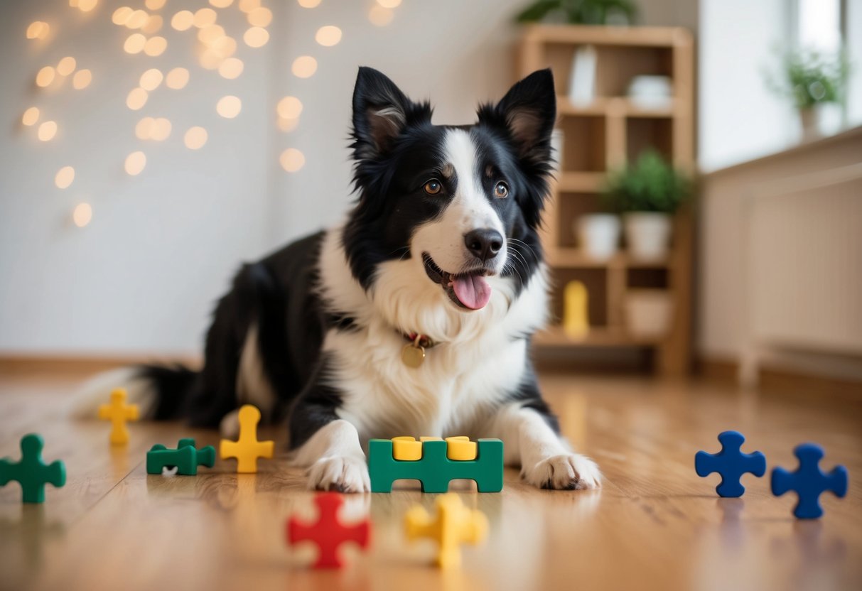 A border collie solving puzzles and following commands in a training session