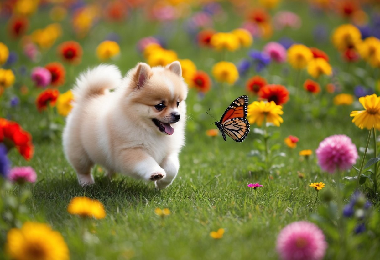 A fluffy Pomeranian puppy chasing a butterfly in a field of colorful flowers