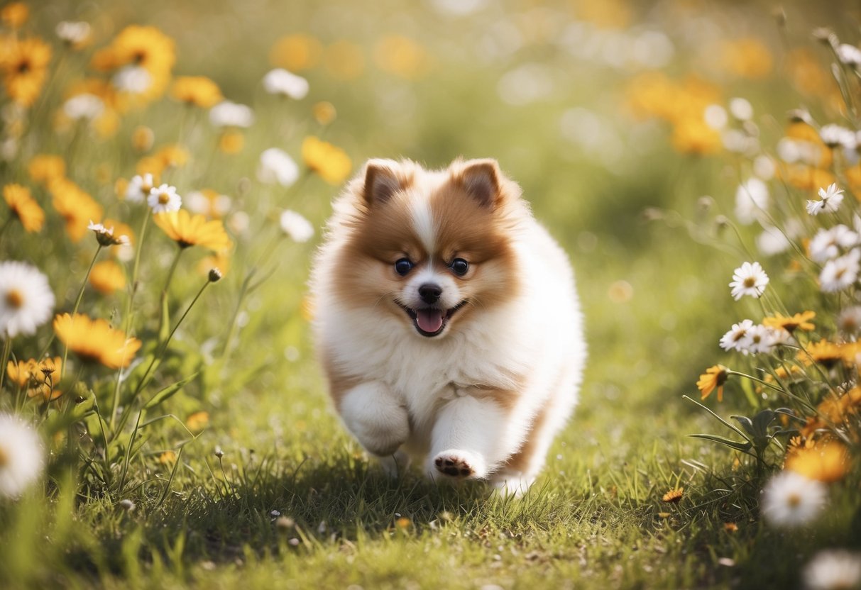 A fluffy Pomeranian puppy playing in a field of wildflowers