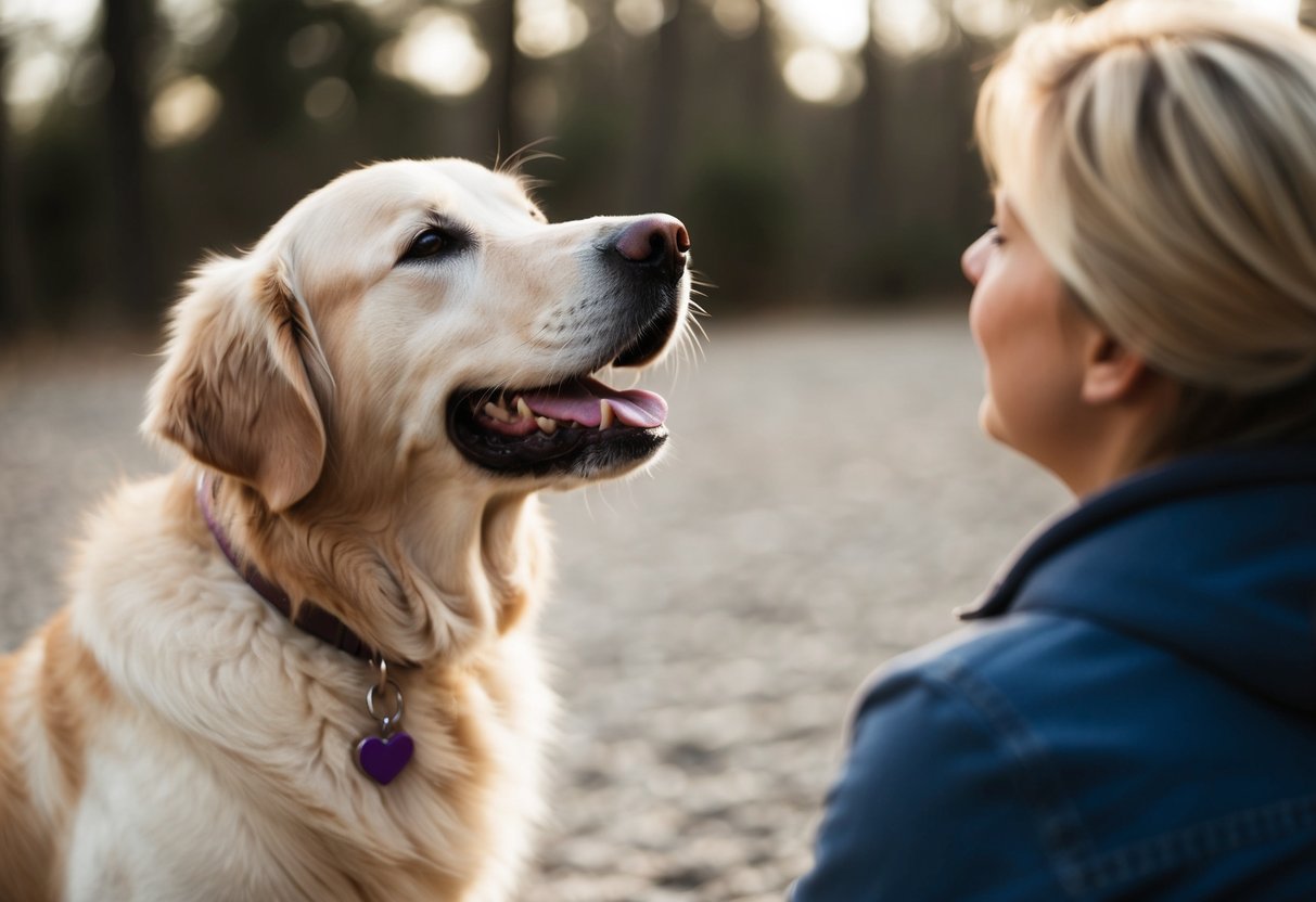 A golden retriever sits calmly with a wagging tail, looking up at its owner with adoring eyes