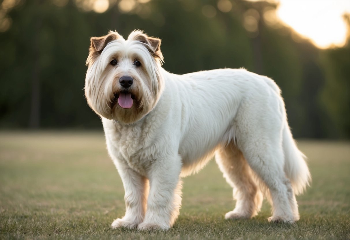 A Komondor dog standing proudly with its distinctive corded white coat flowing around its large, sturdy frame