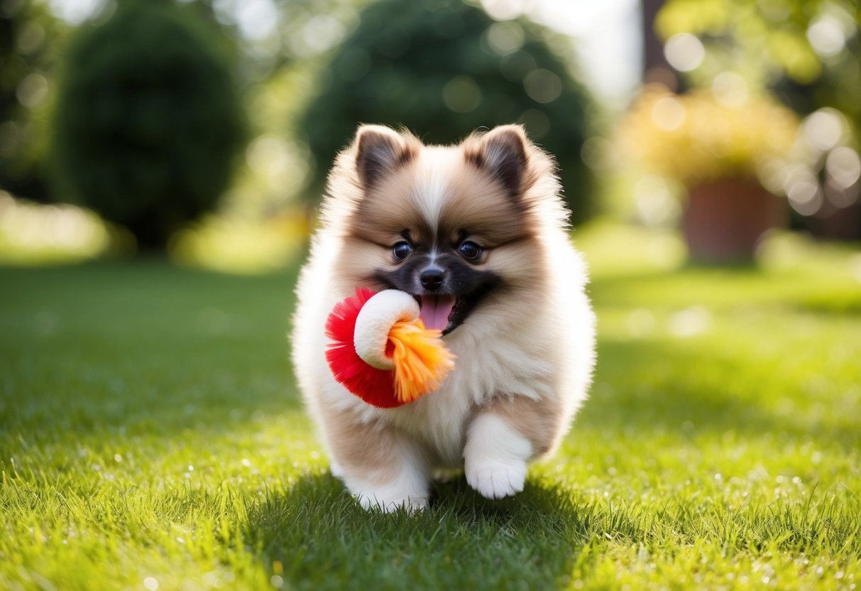 A fluffy Pomeranian puppy playing with a squeaky toy in a sunlit garden