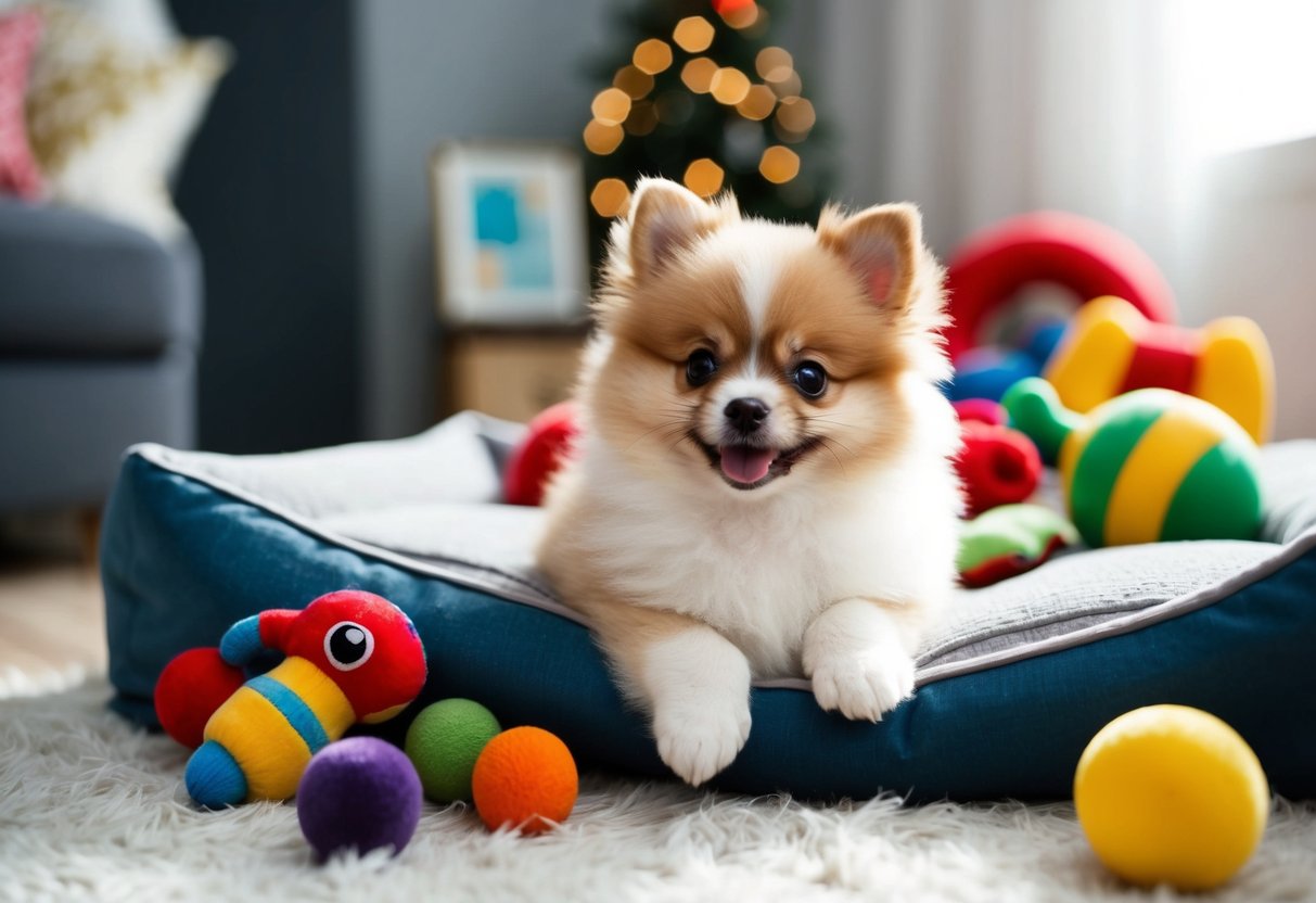 A small fluffy Pomeranian puppy with bright eyes and a wagging tail, surrounded by colorful toys and a cozy bed