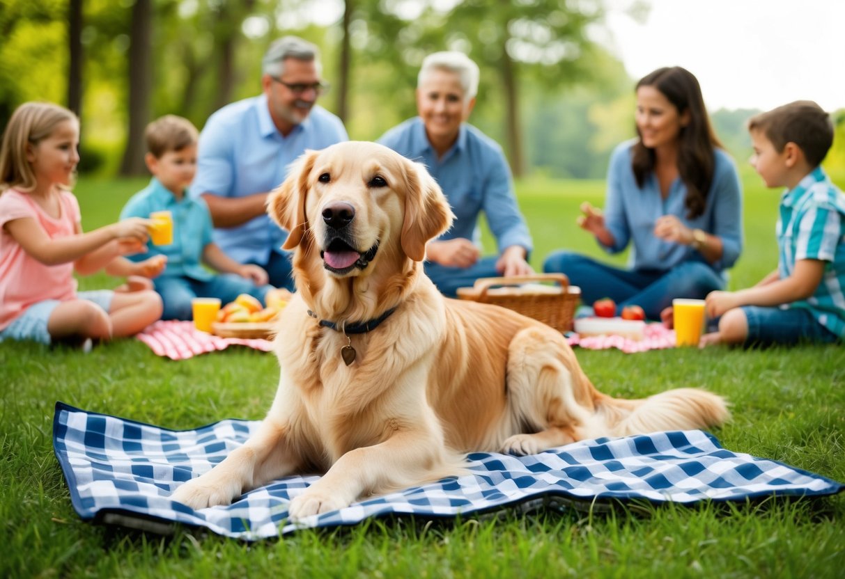 A Golden Retriever calmly sits by a family picnic, surrounded by children playing and adults chatting