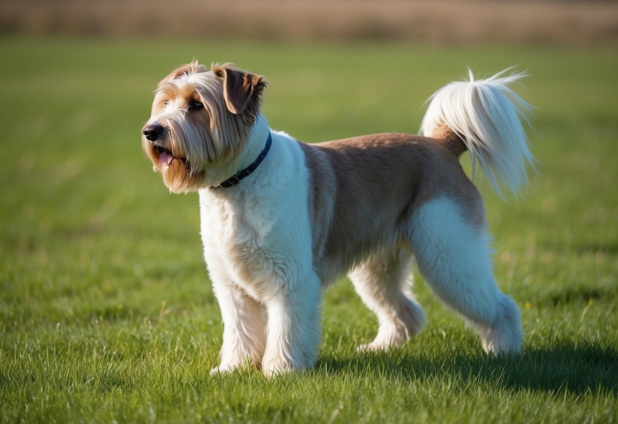 A Komondor dog stands proudly in a grassy field, its distinctive corded white coat flowing as it gazes off into the distance