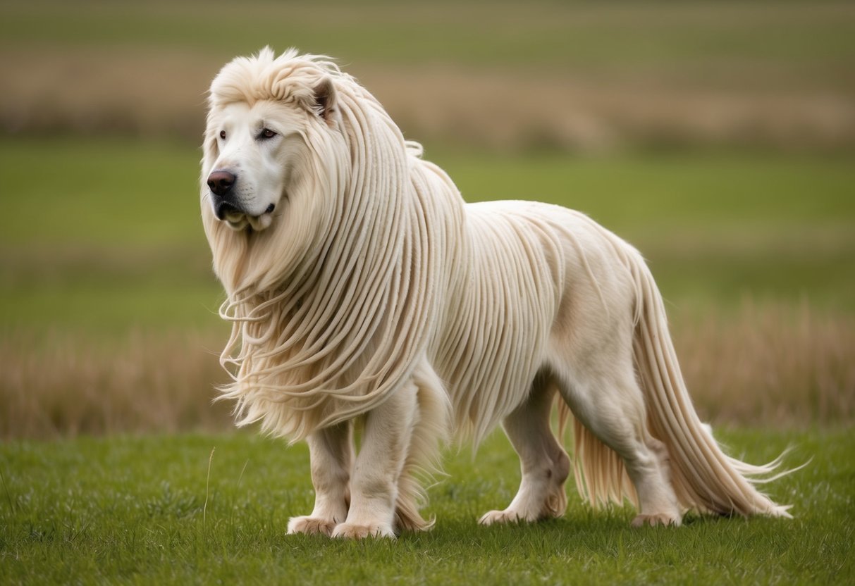 A Komondor stands proudly in a grassy field, its long, corded white fur flowing around it like a majestic mane. Its strong, muscular build and distinctive coat make it an unmistakable sight
