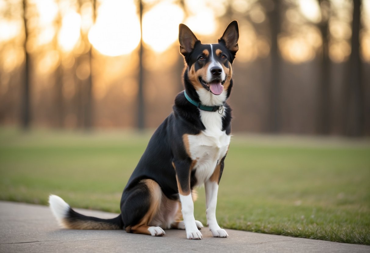 A well-behaved dog sitting calmly with attentive eyes, wagging tail, and relaxed posture