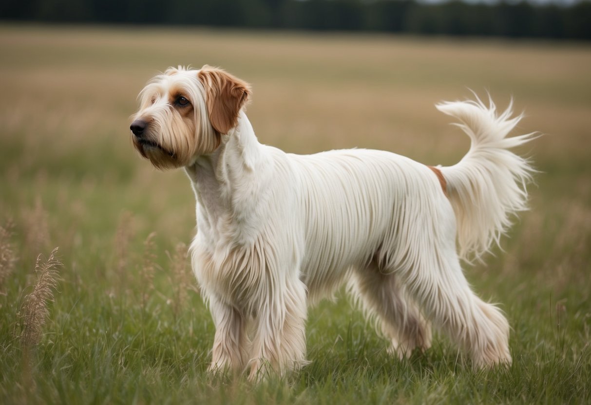 A Komondor dog standing proudly in a field, its long, corded white coat flowing in the wind as it gazes off into the distance