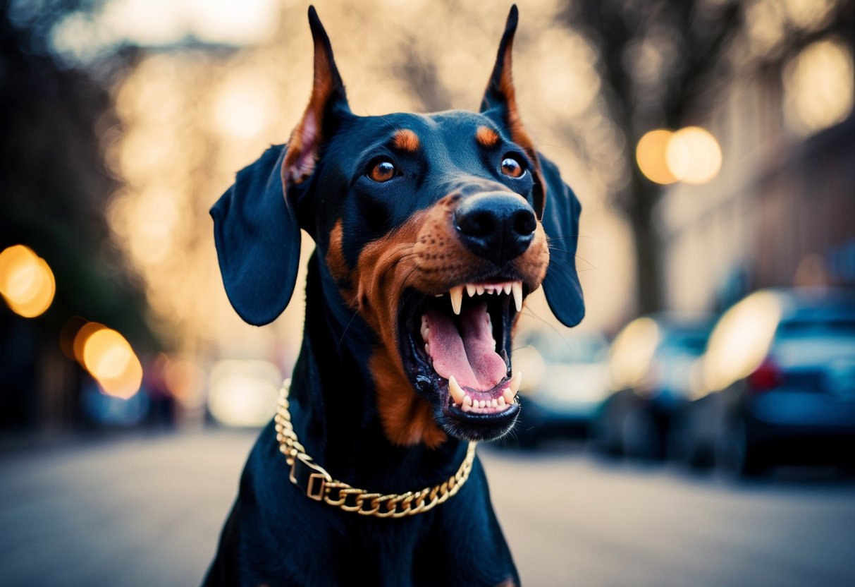 A snarling Doberman pinscher bares its teeth, ears pinned back, eyes fixed on an unseen threat