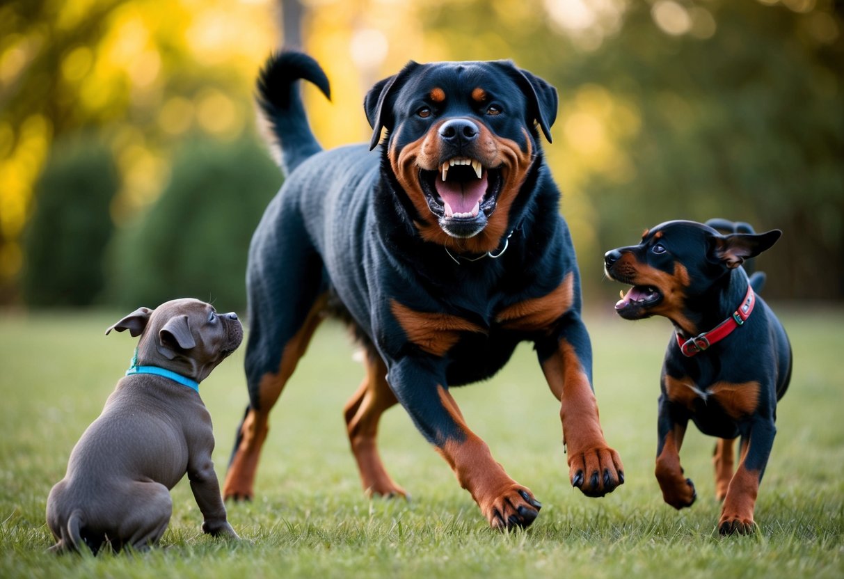 A snarling Rottweiler lunges forward, teeth bared and fur bristling, as it confronts a smaller, cowering dog