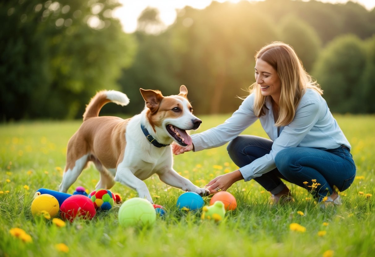 A happy, energetic dog playing in a green meadow, surrounded by a variety of toys and happily interacting with its owner