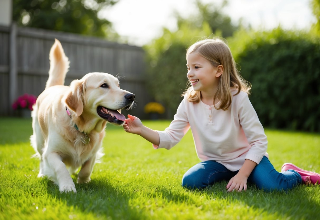 A happy 8-year-old girl playing with a friendly and gentle Golden Retriever in a grassy backyard
