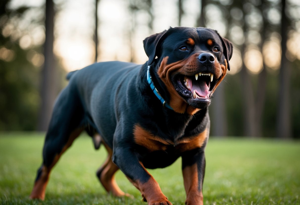A snarling Rottweiler lunges forward, teeth bared, in a defensive stance