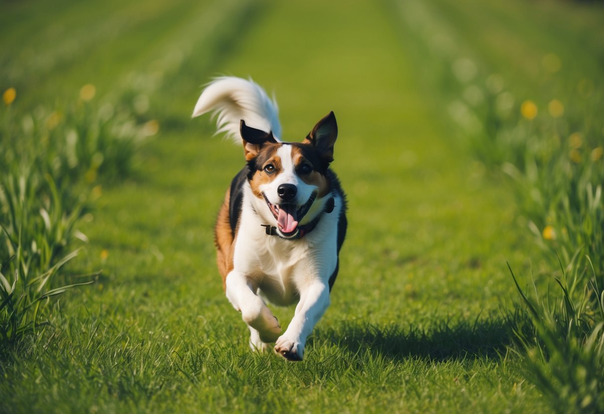 A joyful, energetic dog running through a lush green field, with a wagging tail and a big smile on its face