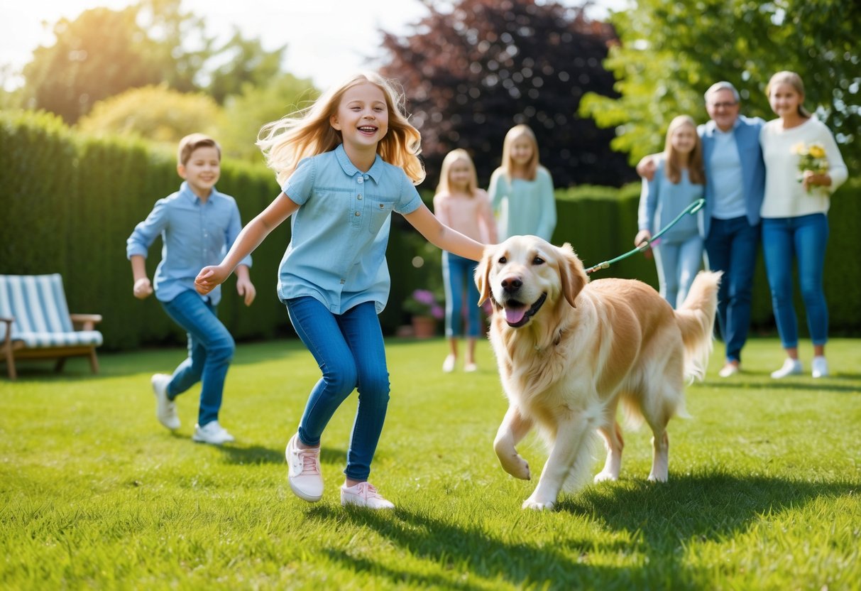 A joyful 8-year-old girl plays with a friendly and gentle Golden Retriever in a spacious backyard, surrounded by a loving family