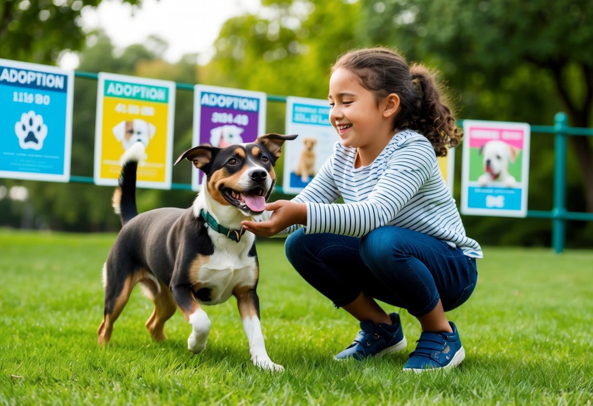 An 8-year-old girl playing with a joyful mixed-breed dog in a grassy park, surrounded by colorful adoption posters