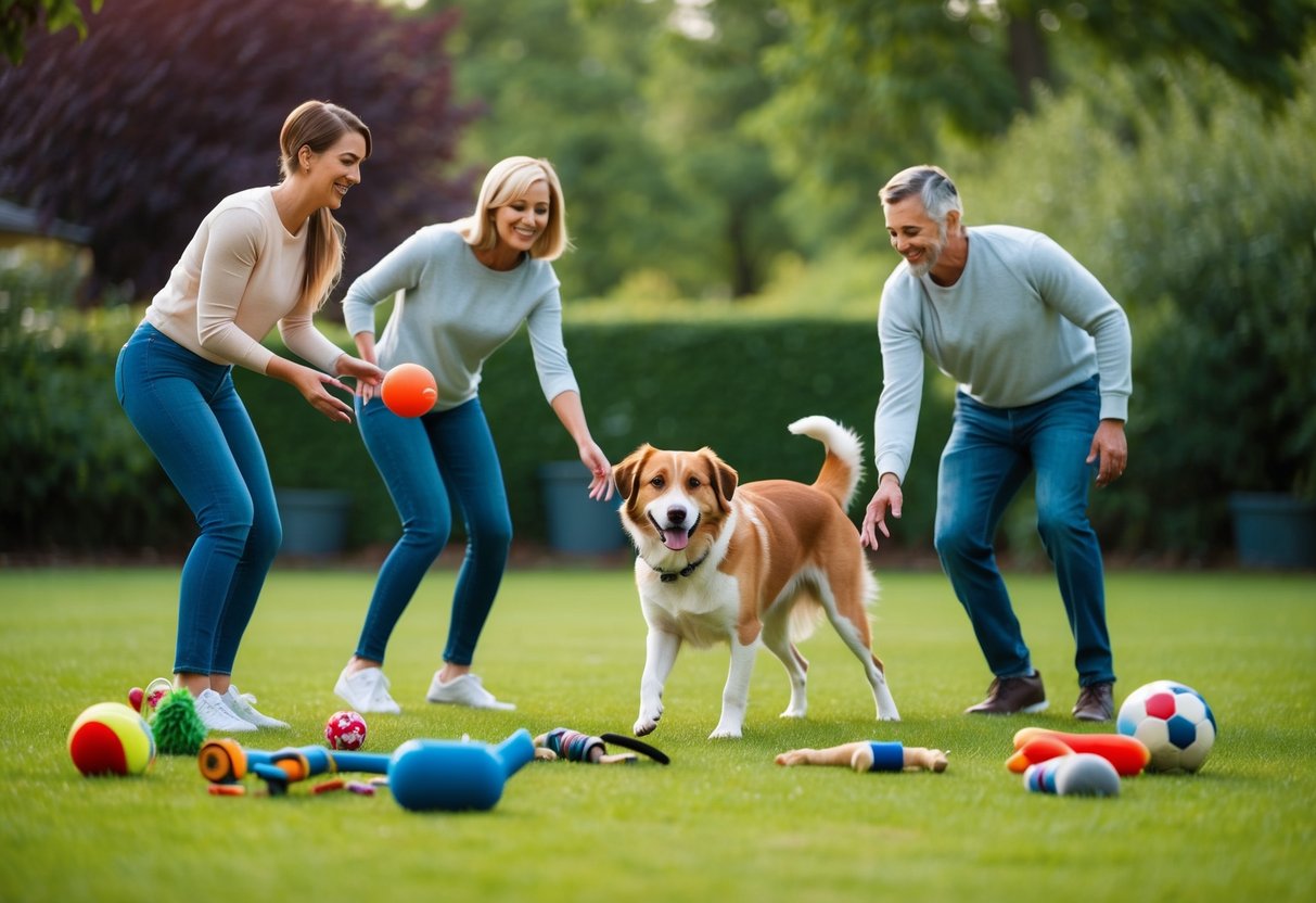 A family playing fetch with a friendly, medium-sized dog in a spacious, green backyard, surrounded by a variety of dog toys and accessories