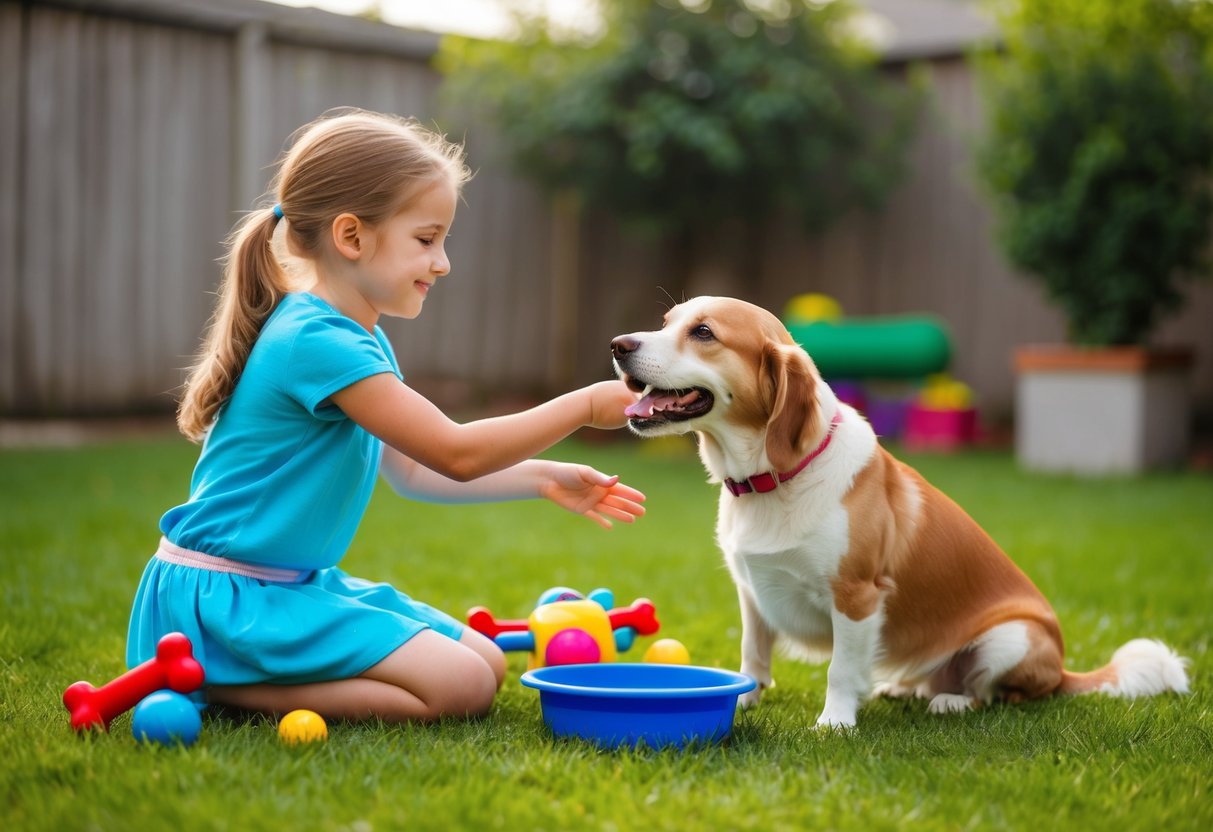 An 8-year-old girl playing with a friendly and gentle dog in a backyard, surrounded by toys and a bowl of water