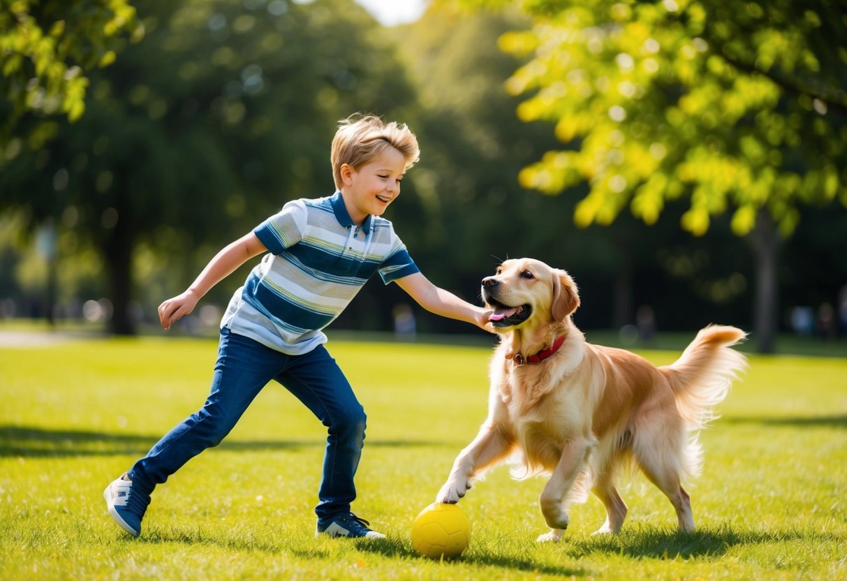 A joyful 11-year-old boy playing fetch with a friendly golden retriever in a grassy park on a sunny day