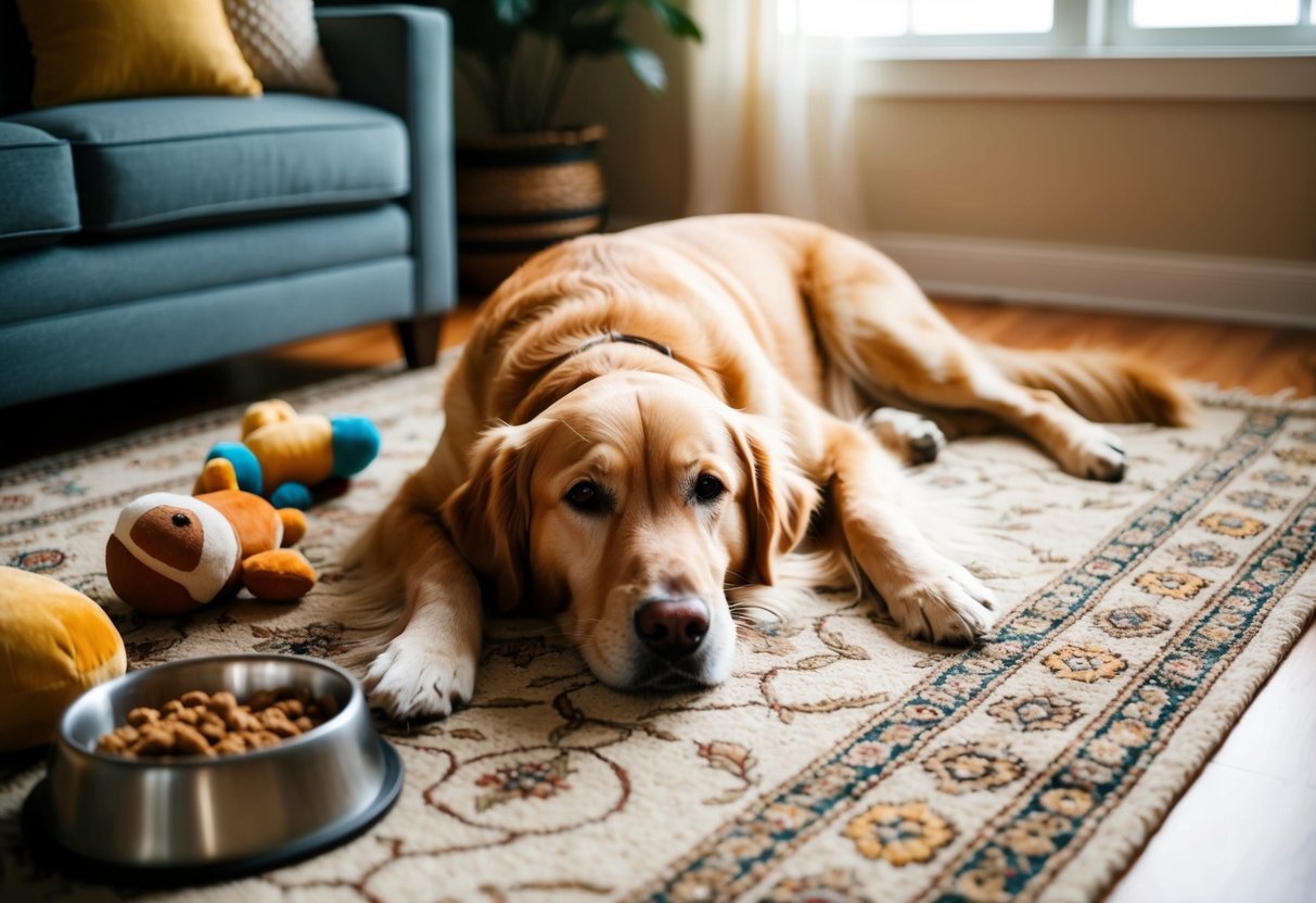 A golden retriever lies contentedly on a cozy living room rug, surrounded by plush toys and a food dish. Sunlight streams in through a nearby window, casting a warm glow over the scene