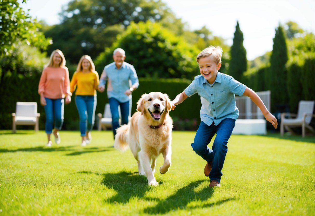 A joyful 11-year-old boy plays with a friendly and energetic Golden Retriever in a spacious backyard, surrounded by a loving family