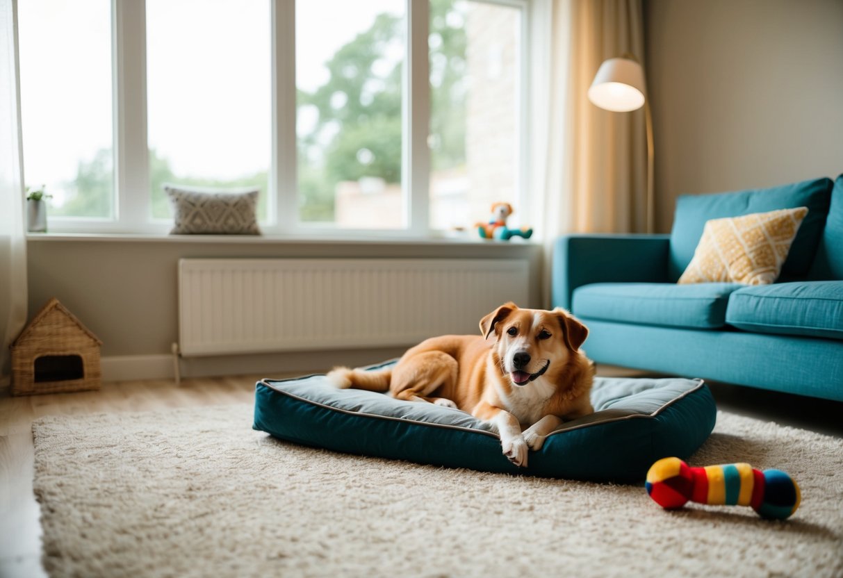 A cozy living room with a dog bed, toys, and a large window for natural light. A medium-sized, low-energy breed lounges contentedly
