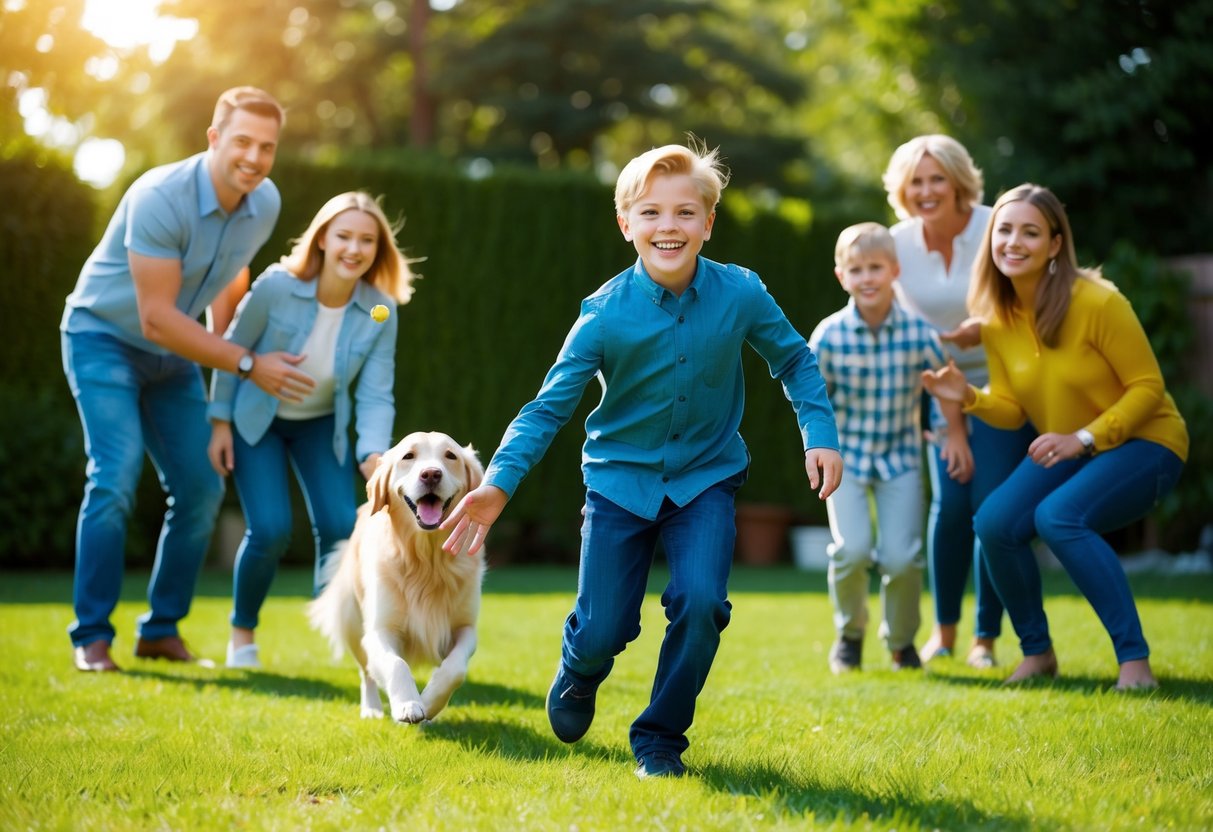 A joyful 11-year-old boy playing fetch with a friendly golden retriever in a grassy backyard, surrounded by a loving family